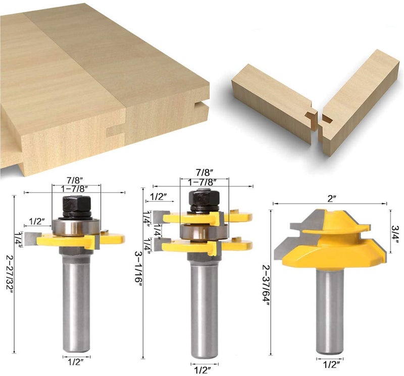 APLUS Lock Miter 45 Degree Joint Router Bits + 2Pcs Tongue and Groove Set [1/2-Inch Shank], APLUS 45Â° Lock Mitre Glue Joint Router Bit + Router Bit Set 3 Teeth T Shape, Wood Milling Cutter Woodworking Tool - Image 3